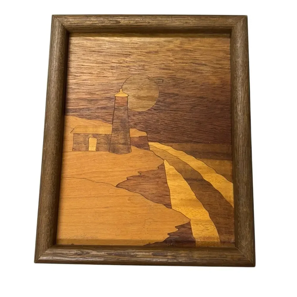 Vintage Wood Inlay Art Sunset LightHouse Framed Wood Art Signed By Artist